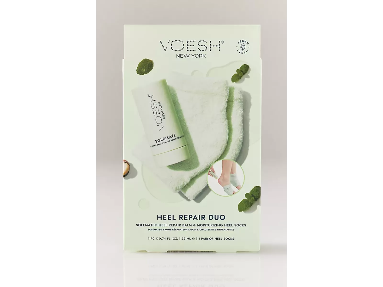 Voesh kulnų priežiūros tinkinys  (22 ml. balzamas + 2 vnt. kojinės) mėtų kvapo| VOESH Heel Repair Duo (Heel Repair Balm + Heel Socks) Mint