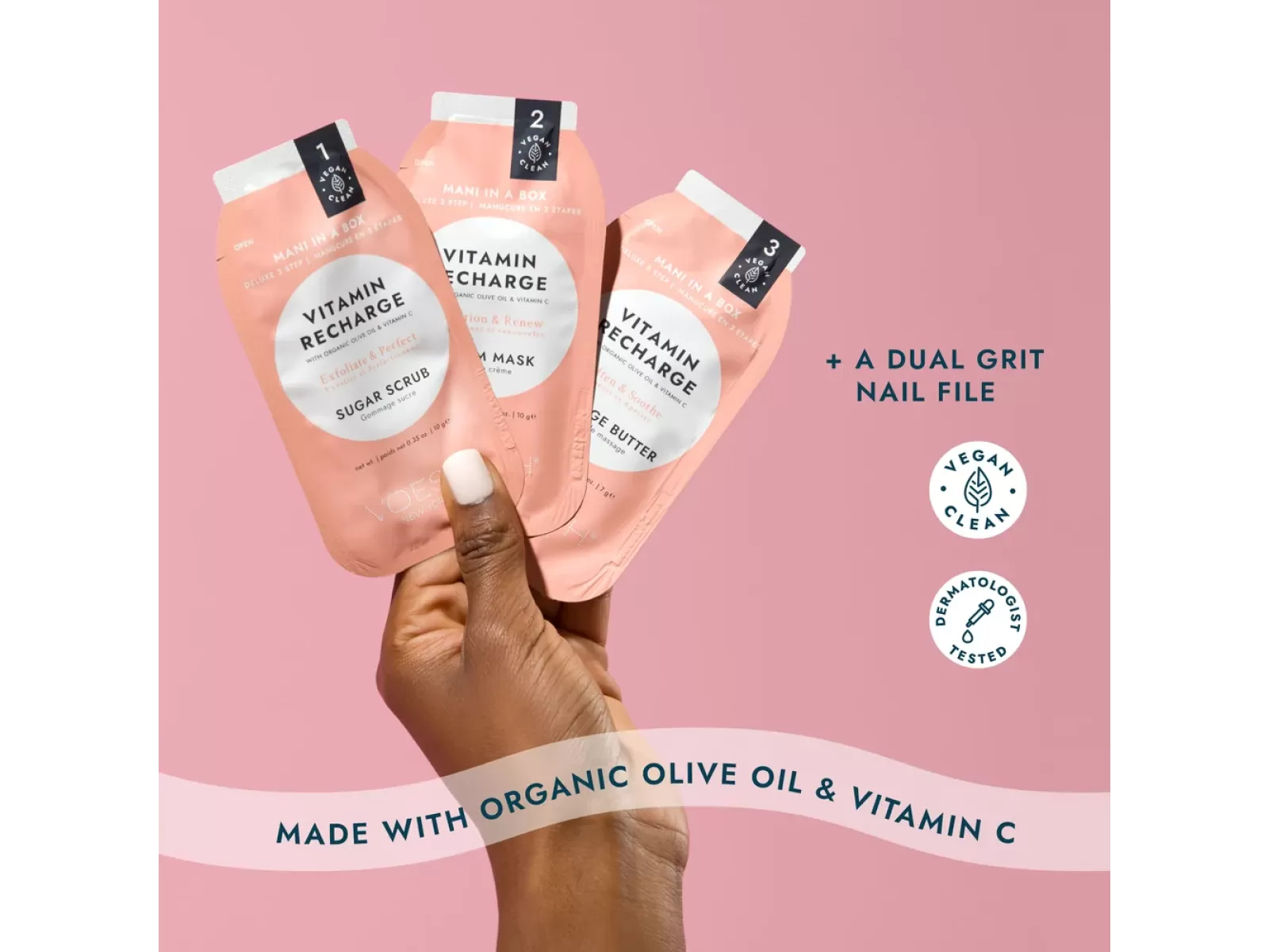 VOESH Mani Moments Duo Vitamin Recharge - 3 step Manicure | Trijų žingsnių manikiūras dėžutėje - 2 rinkiniai po 3 žingsnius + dildė VOESH Mani Moments Duo Vitamin Recharge - 3 step Manicure | Trijų žingsnių manikiūras dėžutėje - 2 rinkiniai po 3 žingsnius + dildė