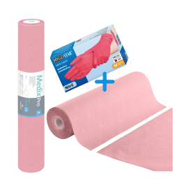 Vienreizējais papīra palags divslāņu 50cm x 50m Rozā + LYCON rozā nitrila cimdi (S) | Double ply un